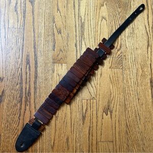 Wood Guitar Strap with Engraved Parrot and Black Leather Ends